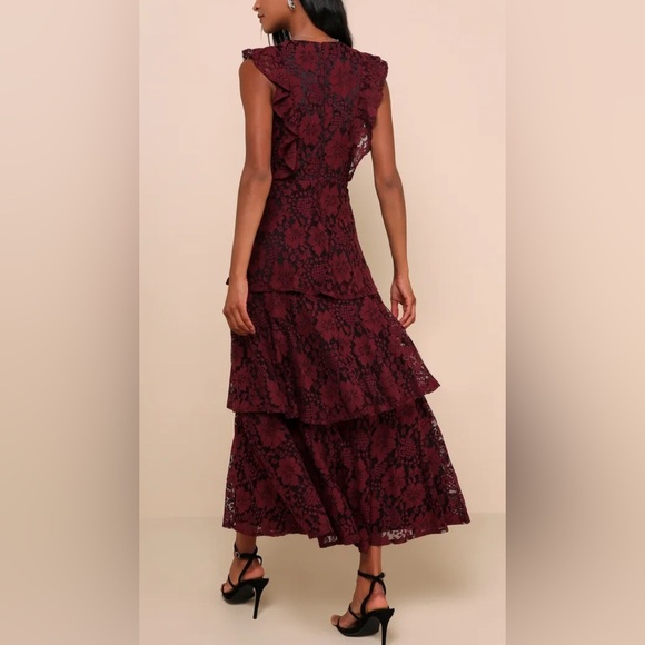 Lulus Molinetto Burgundy Lace Ruffled Tiered Sleeveless Maxi Dress - Picture 8 of 8